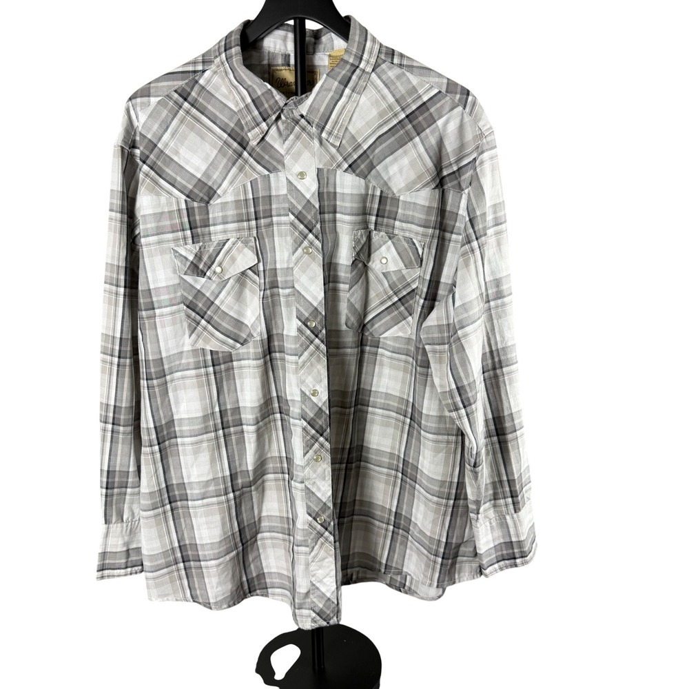 Wrangler Mens Western Shirt Grey White Plaid Pearl Snap Long Sleeve 2XL